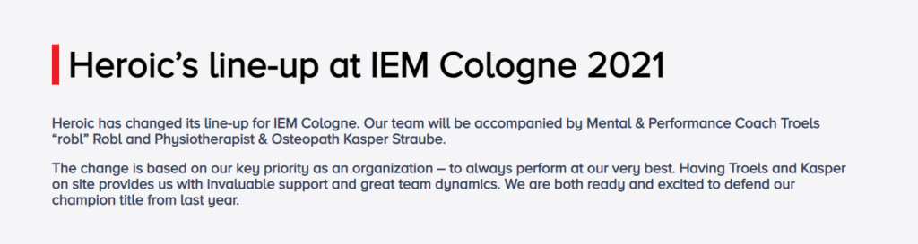 Our team will be accompanied by Mental & Performance Coach Troels “robl” Robl and Physiotherapist & Osteopath Kasper Straube.

The change is based on our key priority as an organization – to always perform at our very best. Having Troels and Kasper on site provides us with invaluable support and great team dynamics. We are both ready and excited to defend our champion title from last year.